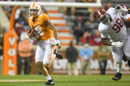Tennessee quarterback Brian Maurer (18) runs with the ball in the fourth quarter in the second half during a game between Alabama and Tennessee at Neyland Stadium in Knoxville, Tenn. on Saturday, Oct. 24, 2020.

102420 Ut Bama Gameaction
