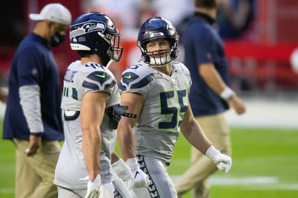 Oct 25, 2020; Glendale, Arizona, USA; Seattle Seahawks linebacker Ben Burr-Kirven (55) (R) and fullback Nick Bellore (44) (L) prior to the game against the Arizona Cardinals at State Farm Stadium. Mandatory Credit: Billy Hardiman-USA TODAY Sports