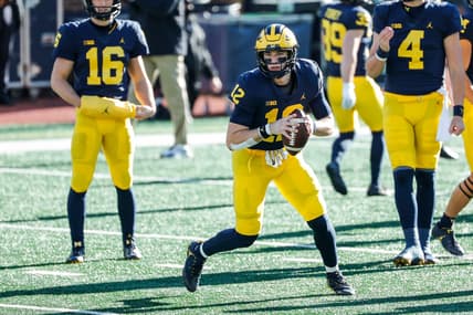 Michigan quarterback Cade McNamara warms up before the Penn State game at Michigan Stadium in Ann Arbor, Saturday, Nov. 28, 2020.