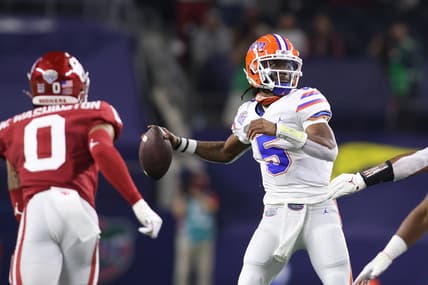 Dec 30, 2020; Arlington, TX, USA; Florida Gators quarterback Emory Jones (5) throws a pass against the Oklahoma Sooners in the third quarter at ATT Stadium. Mandatory Credit: Tim Heitman-USA TODAY Sports