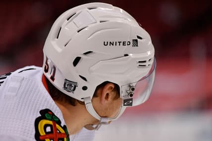 Jan 19, 2021; Sunrise, Florida, USA; A detailed view of a celebrating equality decal on the helmet of Chicago Blackhawks defenseman Ian Mitchell (51) during the third period against the Florida Panthers at BB&T Center. Mandatory Credit: Jasen Vinlove-USA TODAY Sports