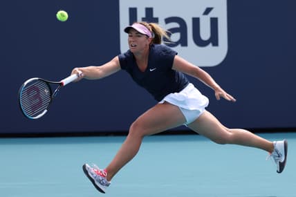Mar 25, 2021; Miami, Florida, USA; Kristina Kucova of Slovakia reaches for a forehand against Ashleigh Barty of Australia (not pictured) in the second round of the Miami Open at Hard Rock Stadium. Mandatory Credit: Geoff Burke-USA TODAY Sports