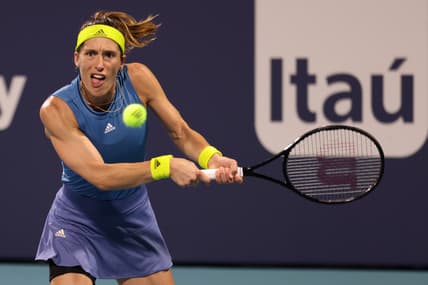 Mar 26, 2021; Miami, Florida, USA; Andrea Petkovic of Germany hits a backhand against Sofia Kenin of the United States (not pictured) in the second round in the Miami Open at Hard Rock Stadium. Mandatory Credit: Geoff Burke-USA TODAY Sports