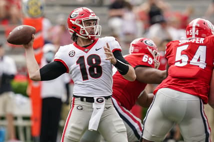 Apr 17, 2021; Atlanta, Georgia, USA; Georgia Bulldogs quarterback JT Daniels (18) passes the ball during the Georgia Spring Game at Sanford Stadium. Mandatory Credit: Dale Zanine-USA TODAY Sports