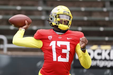 May 1, 2021; Eugene, Oregon, USA; Oregon Ducks quarterback Anthony Brown (13) looks to throw during Oregon Spring Game at Autzen Stadium. Mandatory Credit: Soobum Im-USA TODAY Sports