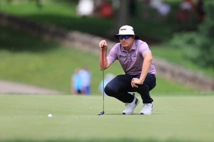 Jun 4, 2021; Dublin, Ohio, USA; Joel Dahmen lines up a putt on the 8th green during the second round of the Memorial Tournament golf tourney. Mandatory Credit: Aaron Doster-USA TODAY Sports