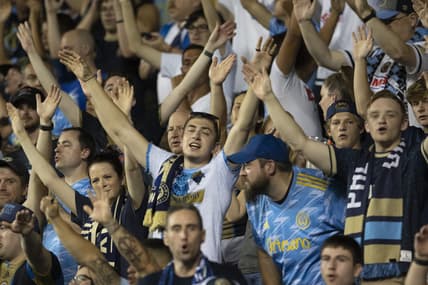 Jul 17, 2021; Chester, Pennsylvania, USA; Philadelphia Union fans react in the second half against D.C. United at Subaru Park. Mandatory Credit: Mitchell Leff-USA TODAY Sports