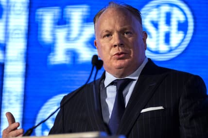 Jul 20, 2021; Hoover, Alabama, USA; Kentucky Wildcats head coach Mark Stoops speaks to the media during SEC Media Days at Hyatt Regency Birmingham. Mandatory Credit: Vasha Hunt-USA TODAY Sports