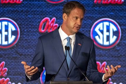 Jul 20, 2021; Hoover, Alabama, USA; Ole Miss Rebels head coach Lane Kiffin speaks to the media during SEC Media Days at Hyatt Regency Birmingham. Mandatory Credit: Vasha Hunt-USA TODAY Sports