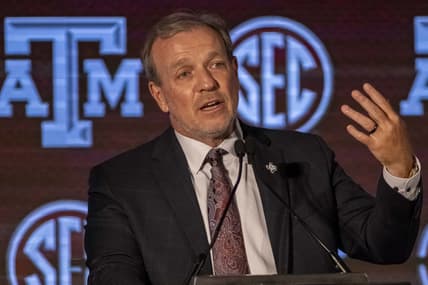 Jul 21, 2021; Hoover, Alabama, USA; Texas A&M Aggies head coach Jimbo Fisher speaks to the media during SEC Media Days at Hyatt Regency Birmingham. Mandatory Credit: Vasha Hunt-USA TODAY Sports