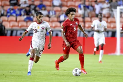 Jul 13, 2021; Houston, Texas, USA; Panama midfielder Adalberto Carrasquilla (8) dribbles the ball as /Qatar midfielder Abdullah Al Ahrak (20) defends during the second half CONCACAF Gold Cup Soccer group stage play at BBVA Stadium. Mandatory Credit: Maria Lysaker-USA TODAY Sports
