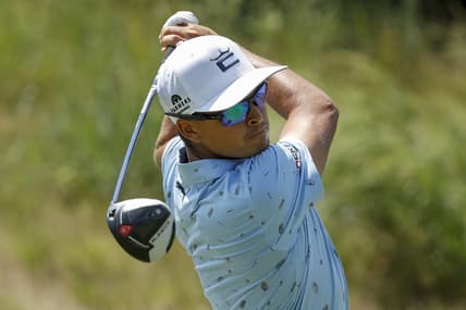 Jul 24, 2021; Blaine, Minnesota, USA; Rickie Fowler drives from the 12th tee during the third round of the 3M Open golf tournament. Mandatory Credit: Bruce Kluckhohn-USA TODAY Sports