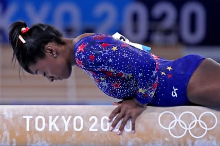 Jul 25, 2021; Tokyo, Japan; Simone Biles (USA) competes on the balance beam in the womens gymnastics qualifications during the Tokyo 2020 Olympic Summer Games at Ariake Gymnastics Centre. Mandatory Credit: Robert Deutsch-USA TODAY Network