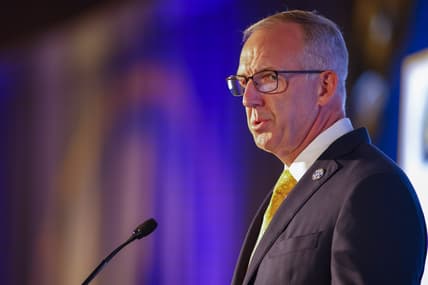 Jul 19, 2021; Hoover, Alabama, USA; SEC commissioner Greg Sankey speaks to the media during SEC Media Days at Hyatt Regency Birmingham. Mandatory Credit: Vasha Hunt-USA TODAY Sports