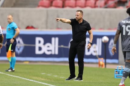 Jul 31, 2021; Sandy, Utah, USA; Vancouver Whitecaps head coach Marc Dos Santos instructs his team from the sideline during the first half against Minnesota United at Rio Tinto Stadium. Mandatory Credit: Rob Gray-USA TODAY Sports