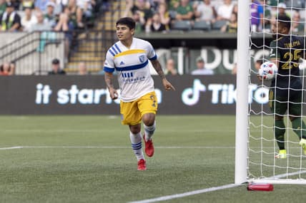 Aug 4, 2021; Portland, Oregon, USA; San Jose Earthquakes midfielder Javier L?pez (9) celebrates after scoring a goal against the Portland Timbers during the first half at Providence Park. Mandatory Credit: Soobum Im-USA TODAY Sports