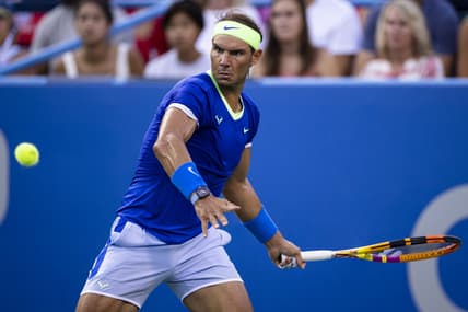 Aug 5, 2021; Washington, DC, USA; Rafael Nadal of Spain in action against Lloyd Harris of South Africa (not pictured) during the Citi Open at Rock Creek Park Tennis Center. Mandatory Credit: Scott Taetsch-USA TODAY Sports