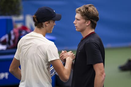 Aug 7, 2021; Washington, DC, USA; (L-R) Jannik Sinner of Italy shakes hands with Jenson Brooksby of the United States after winning the match during the Citi Open at Rock Creek Park Tennis Center. Mandatory Credit: Scott Taetsch-USA TODAY Sports