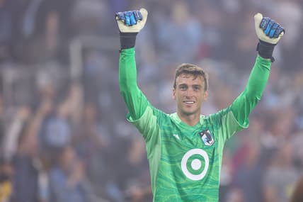 Aug 7, 2021; Saint Paul, MN, USA; Minnesota United goalkeeper Tyler Miller (1) celebrates after defeating the Houston Dynamo at Allianz Field. Mandatory Credit: Harrison Barden-USA TODAY Sports
