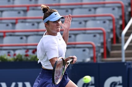 Aug 11, 2021; Montreal, Quebec, Canada; Elina Svitolina from Ukrania hits a shot against Johanna Konta from Great Britain (not pictured) during the second round play at Stade IGA. Mandatory Credit: Jean-Yves Ahern-USA TODAY Sports