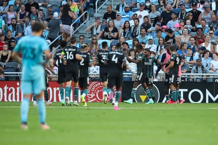 Aug 14, 2021; Saint Paul, MN, Saint Paul, MN, USA; Los Angeles Galaxy forward Kevin Cabral (9) celebrates with teammates after scoring a goal against Minnesota United in the first half at Allianz Field. Mandatory Credit: David Berding-USA TODAY Sports