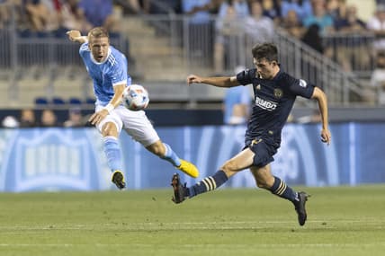 Aug 18, 2021; Chester, Pennsylvania, USA; New York City FC defender Anton Tinnerholm (3) passes the ball against Philadelphia Union midfielder Leon Flach (31) in the first half at Subaru Park. Mandatory Credit: Mitchell Leff-USA TODAY Sports