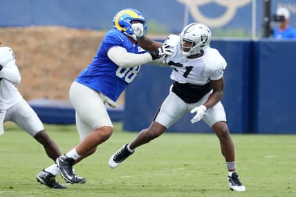 Aug 18, 2021; Thousand Oaks, CA, USA;  Las Vegas Raiders defensive end Malcolm Koonce (51) is defended by Los Angeles Rams lineman A.J. Jackson aka Alaric Jackson (68) during a joint practice. Mandatory Credit: Kirby Lee-USA TODAY Sports