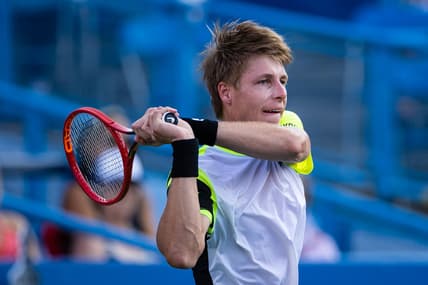 Aug 4, 2021; Washington, DC, USA; Ilya Ivashka of Belarus in action against Grigor Dimitrov of Bulgaria (not pictured) during the Citi Open at Rock Creek Park Tennis Center. Mandatory Credit: Scott Taetsch-USA TODAY Sports