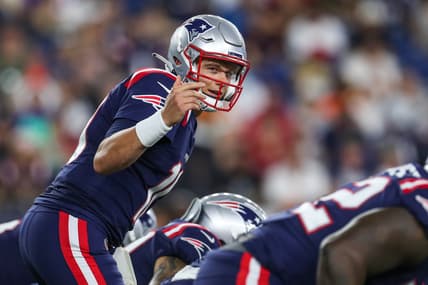 Aug 12, 2021; Foxborough, Massachusetts, USA; New England Patriots quarterback Mac Jones (10) at Gillette Stadium. Mandatory Credit: Paul Rutherford-USA TODAY Sports
