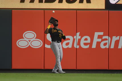 Aug 20, 2021; St. Louis, Missouri, USA; Pittsburgh Pirates right fielder Gregory Polanco (25) catches a fly ball by St. Louis Cardinals left fielder Tyler O'Neill (not pictured) during the seventh inning at Busch Stadium. Mandatory Credit: Joe Puetz-USA TODAY Sports
