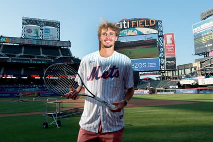 Aug 24, 2021; New York City, New York, USA; German tennis player Alexander Zverev poses for a photo on the field before a game between the New York Mets and the San Francisco Giants at Citi Field. Zverev is in New York for the U.S. Open, which begins on Monday. Mandatory Credit: Brad Penner-USA TODAY Sports