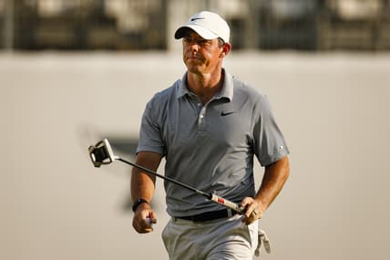 Aug 26, 2021; Owings Mills, Maryland, USA; Rory McIlroy reacts after putting on the 15th green during the first round of the BMW Championship golf tournament. Mandatory Credit: Scott Taetsch-USA TODAY Sports