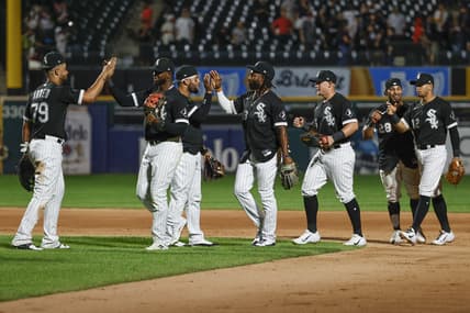 Aug 31, 2021; Chicago, Illinois, USA; Chicago White Sox players celebrate after defeating the Pittsburgh Pirates at Guaranteed Rate Field. Mandatory Credit: Kamil Krzaczynski-USA TODAY Sports