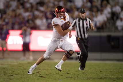 Sep 29, 2018; Fort Worth, TX, USA; Iowa State Cyclones quarterback Zeb Noland (4) in action during the game against the TCU Horned Frogs at Amon G. Carter Stadium. Mandatory Credit: Jerome Miron-USA TODAY Sports