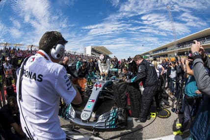 Oct 21, 2018; Austin, TX, USA; Mercedes driver Lewis Hamilton (44) of Great Britain exits his car before the start of the United States Grand Prix at Circuit of the Americas. Mandatory Credit: Jerome Miron-USA TODAY Sports