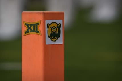 Aug 31, 2019; Waco, TX, USA; A view of the Baylor Bears logo and the Big 12 conference logo on an end zone pylon during the game between the Baylor Bears and the Stephen F. Austin Lumberjacks at McLane Stadium. Mandatory Credit: Jerome Miron-USA TODAY Sports