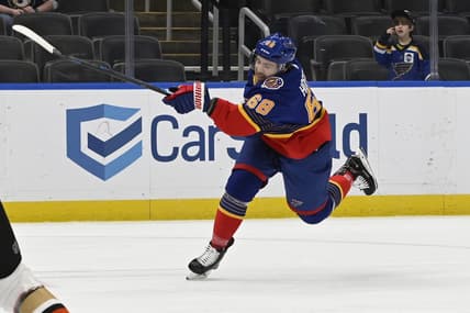 May 5, 2021; St. Louis, Missouri, USA; St. Louis Blues center Mike Hoffman (68) scores a power play goal in a game against the Anaheim Ducks in the first period at Enterprise Center. Mandatory Credit: Jeff Le-USA TODAY Sports