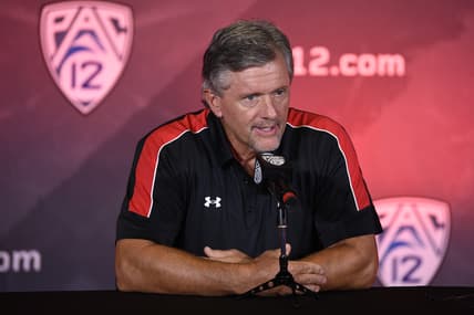 Jul 27, 2021; Hollywood, CA, USA; Utah Utes head coach Kyle Whittingham speaks with the media during the Pac-12 football Media Day at the W Hollywood. Mandatory Credit: Kelvin Kuo-USA TODAY Sports