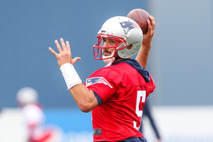 Jul 28, 2021; Foxborough, MA, United States; New England Patriots quarterback Brian Hoyer (5) during training camp at Gillette Stadium. Mandatory Credit: Paul Rutherford-USA TODAY Sports