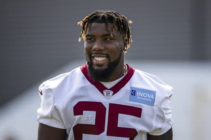Jul 29, 2021; Richmond, VA, USA; Washington Football Team running back Peyton Barber (25) looks on during training camp at Bon Secours Washington Redskins Training Cennter. Mandatory Credit: Scott Taetsch-USA TODAY Sports