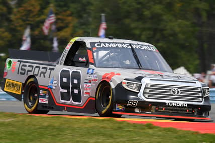 Aug 7, 2021; Watkins Glen, NY, USA; NASCAR Camping World Truck Series driver Christian Eckes (98) drives during the United Rentals 176 at Watkins Glen International. Mandatory Credit: Rich Barnes-USA TODAY Sports