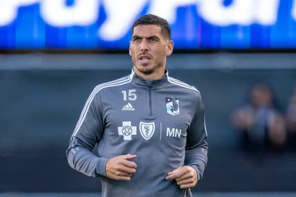 August 17, 2021; San Jose, California, USA; Minnesota United defender Michael Boxall (15) before the match against the San Jose Earthquakes at PayPal Park. Mandatory Credit: Kyle Terada-USA TODAY Sports