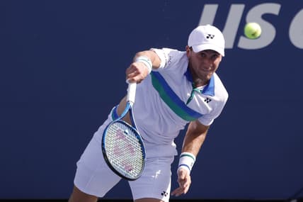 Aug 30, 2021; Flushing, NY, USA; Casper Ruud (NOR) serves against Yuichi Sugita (JPN)(not pictured) on day one of the 2021 U.S. Open tennis tournament at USTA Billie King National Tennis Center. Mandatory Credit: Geoff Burke-USA TODAY Sports