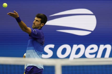 Sep 2, 2021; Flushing, NY, USA; Novak Djokovic of Serbia serves against Tallon Griekspoor of the Netherlands (not pictured) on day four of the 2021 U.S. Open tennis tournament at USTA Billie Jean King National Tennis Center. Mandatory Credit: Geoff Burke-USA TODAY Sports