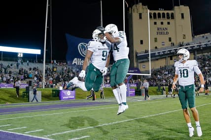 Sep 3, 2021; Evanston, Illinois, USA; Michigan State Spartans running back Kenneth Walker III (9) celebrates his touchdown against the Northwestern Wildcats with running back Elijah Collins (24) during the first quarter at Ryan Field. Mandatory Credit: Jon Durr-USA TODAY Sports