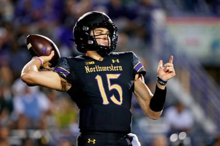 Sep 3, 2021; Evanston, Illinois, USA; Northwestern Wildcats quarterback Hunter Johnson (15) passes the ball against the Michigan State Spartans during the first quarter at Ryan Field. Mandatory Credit: Jon Durr-USA TODAY Sports