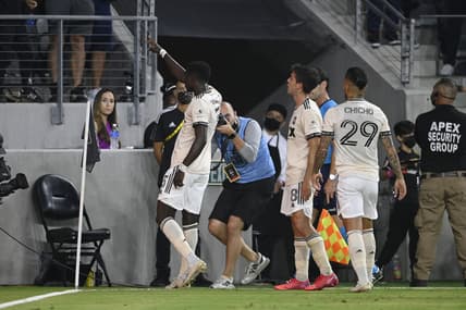 Sep 3, 2021; Los Angeles, California, USA; Los Angeles FC defender Mamadou Fall (5) celebrates his goal against Sporting Kansas City during the first half at Banc of California Stadium. Mandatory Credit: Kelvin Kuo-USA TODAY Sports