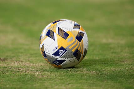 Sep 3, 2021; Los Angeles, California, USA; A detailed view of an Adidas official FIFA game ball in the second half of a match between the LAFC and Sporting KC at Banc of California Stadium. Mandatory Credit: Kirby Lee-USA TODAY Sports