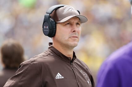 Sep 4, 2021; Ann Arbor, Michigan, USA;  Western Michigan Broncos head coach Tim Lester on the sideline in the first half against the Michigan Wolverines at Michigan Stadium. Mandatory Credit: Rick Osentoski-USA TODAY Sports