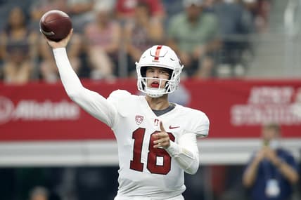 Sep 4, 2021; Arlington, Texas, USA; Stanford Cardinal quarterback Tanner McKee (18) throws a pass in the second quarter against the Kansas State Wildcats at AT&T Stadium. Mandatory Credit: Tim Heitman-USA TODAY Sports